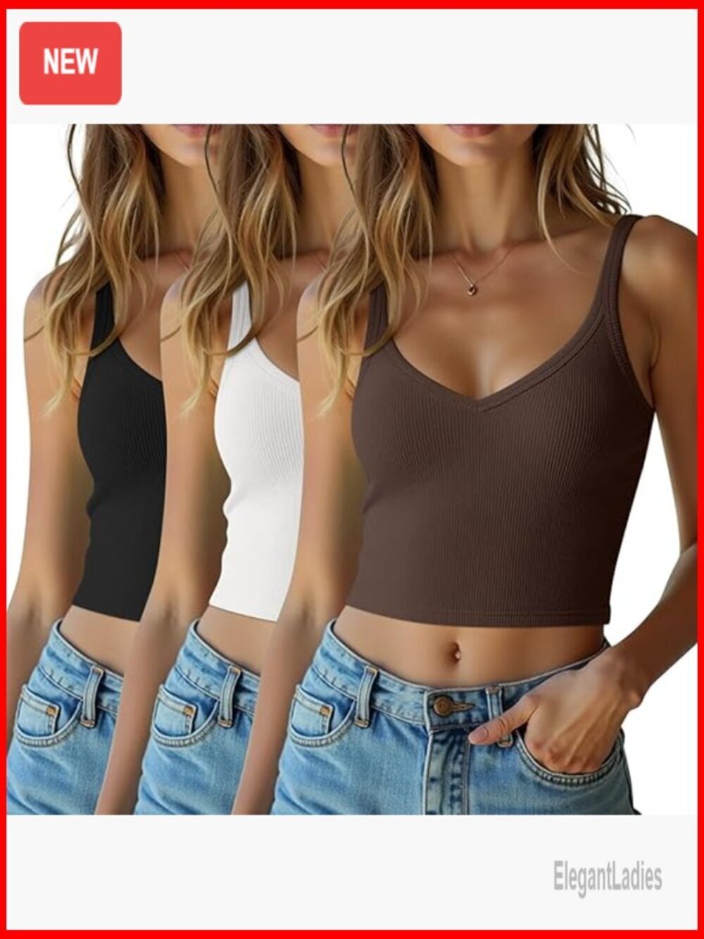 Slim Fit Ribbed Knit Spaghetti Strap Crop Top Tank V-Neck Cami 3 Pack